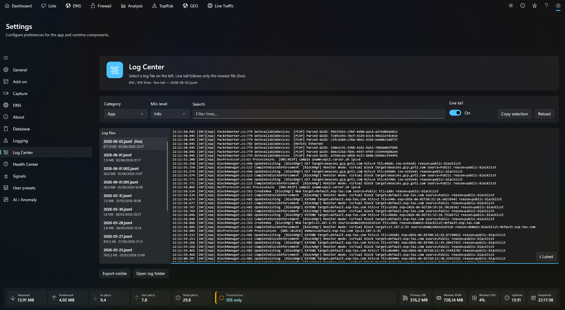 Log Center screenshot