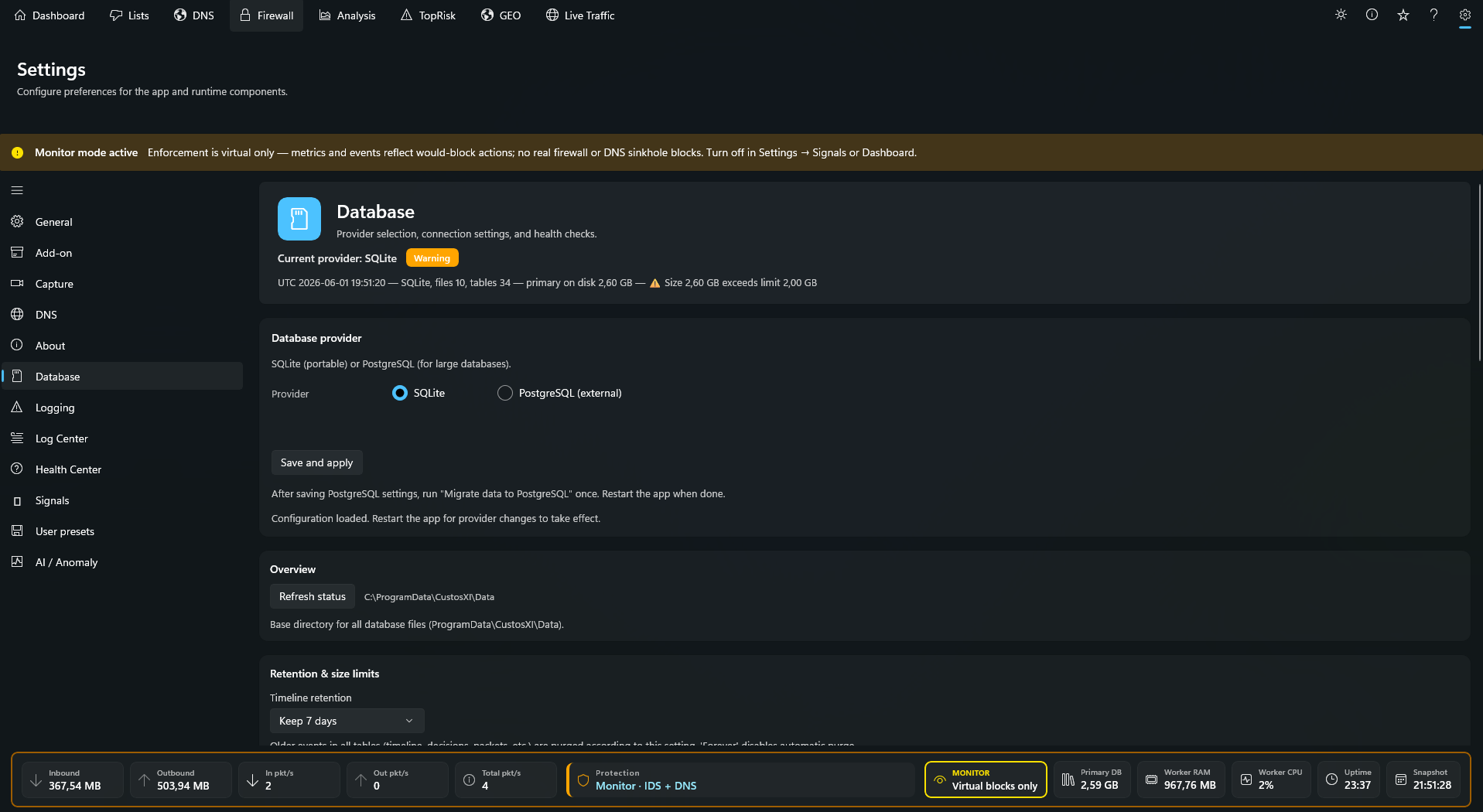 Database settings screenshot